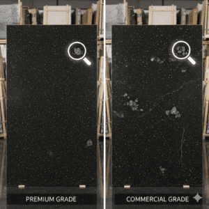 Comparison of premium and commercial grade granite slabs in an Indian export warehouse.